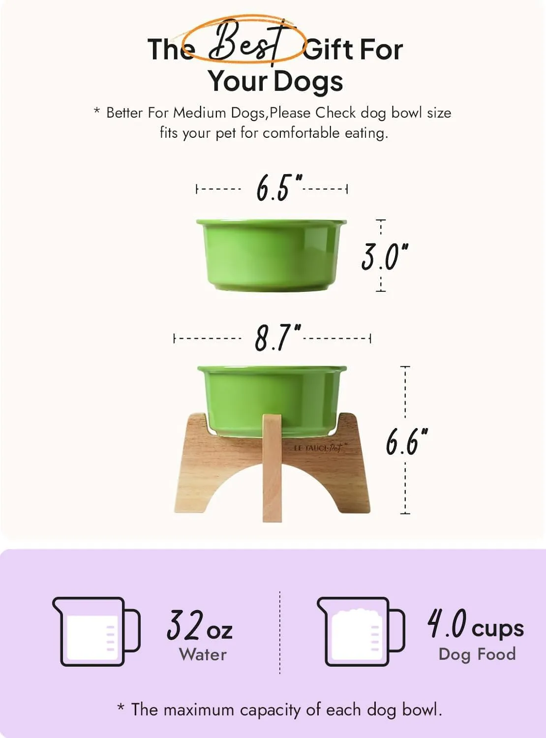Raised Ceramic Dog Bowl with Wooden Stand, 6.5 Inch Elevated Feeder for Small & Medium Breeds, Green, Set of 1