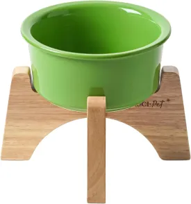 Raised Ceramic Dog Bowl with Wooden Stand, 6.5 Inch Elevated Feeder for Small & Medium Breeds, Green, Set of 1