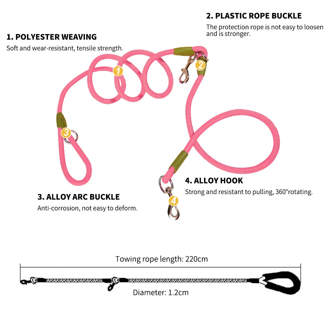 SOGA 220cm Multifunction Hands Free Rope Pet Cat Dog Puppy Double Ended Leash for Walking Training Tracking Obedience Pink