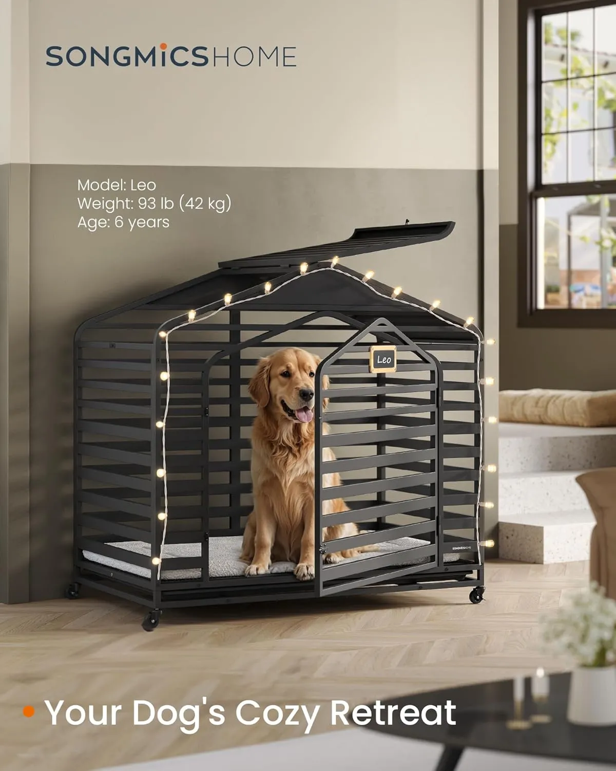 SONGMICS HOME Heavy-Duty Dog Crate, XXL Dog Cage for Large Dogs, Escape Proof Dog Kennel with Pointed Roof, Removable Tray, Lockable Wheels, 3 Doors, 48 x 29.5 x 46.5 Inches, Ink Black UPHD005B01V1
