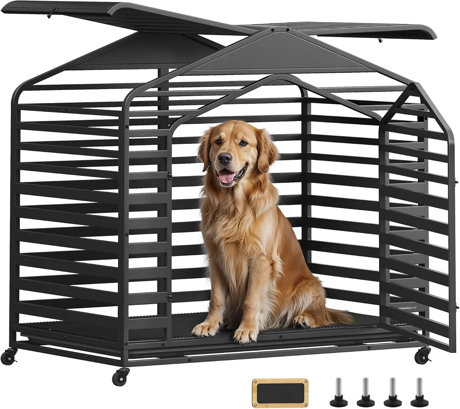 SONGMICS HOME Heavy-Duty Dog Crate, XXL Dog Cage for Large Dogs, Escape Proof Dog Kennel with Pointed Roof, Removable Tray, Lockable Wheels, 3 Doors, 48 x 29.5 x 46.5 Inches, Ink Black UPHD005B01V1