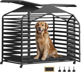SONGMICS HOME Heavy-Duty Dog Crate, XXL Dog Cage for Large Dogs, Escape Proof Dog Kennel with Pointed Roof, Removable Tray, Lockable Wheels, 3 Doors, 48 x 29.5 x 46.5 Inches, Ink Black UPHD005B01V1