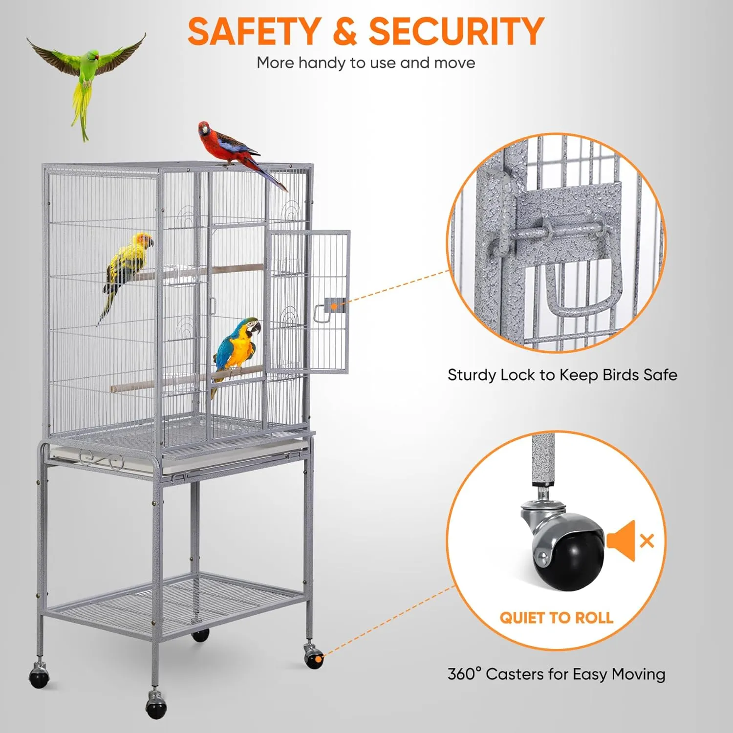 SUPER DEAL 53-Inch Rolling Bird Cage Large Wrought Iron Cage for Cockatiel Sun Conure Parakeet Finch Budgie Lovebird Canary Medium Pet House with Rolling Stand & Storage Shelf, White