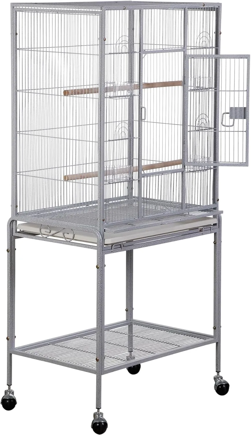 SUPER DEAL 53-Inch Rolling Bird Cage Large Wrought Iron Cage for Cockatiel Sun Conure Parakeet Finch Budgie Lovebird Canary Medium Pet House with Rolling Stand & Storage Shelf, White