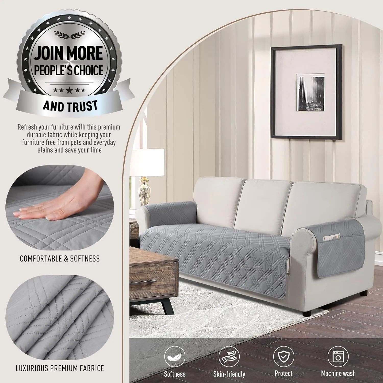 TAOCOCO Waterproof Sofa Covers for Dogs Pets with Non Slip Backing, Couch Seat Covers with Side Pocket for 3 Cushion Couch Washable Dog Couch Cover Protector Sofa Slipcovers(Sofa, Light Gray)