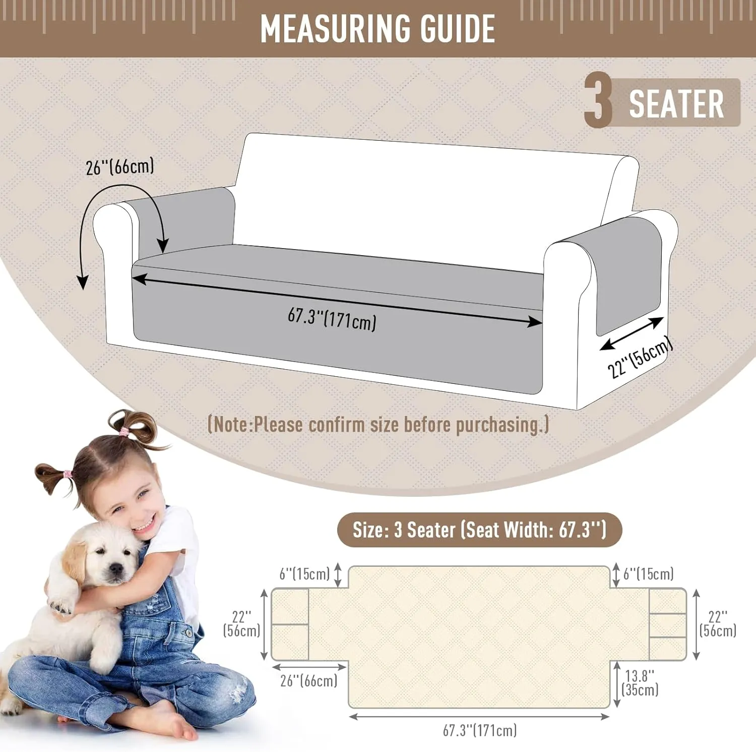 TAOCOCO Waterproof Sofa Covers for Dogs Pets with Non Slip Backing, Couch Seat Covers with Side Pocket for 3 Cushion Couch Washable Dog Couch Cover Protector Sofa Slipcovers(Sofa, Light Gray)