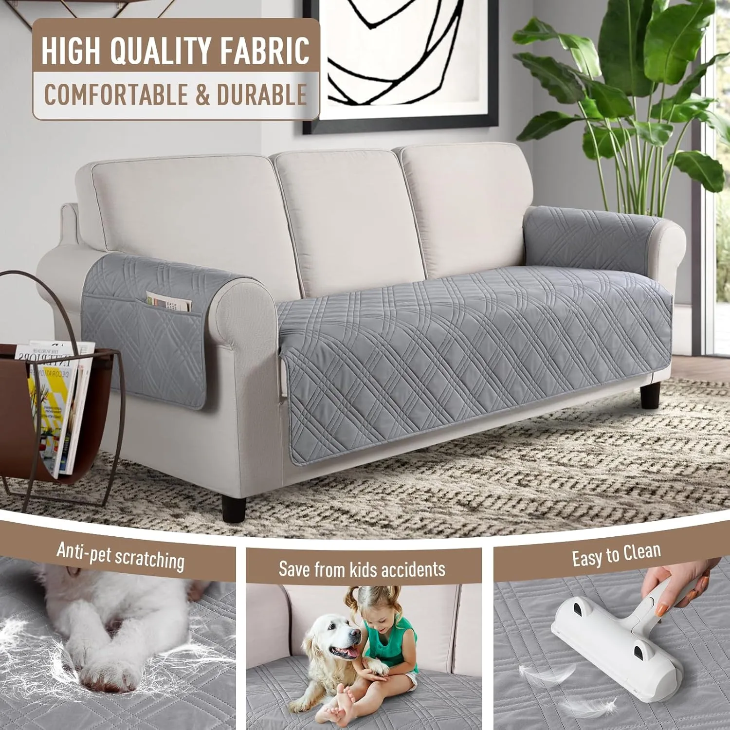 TAOCOCO Waterproof Sofa Covers for Dogs Pets with Non Slip Backing, Couch Seat Covers with Side Pocket for 3 Cushion Couch Washable Dog Couch Cover Protector Sofa Slipcovers(Sofa, Light Gray)