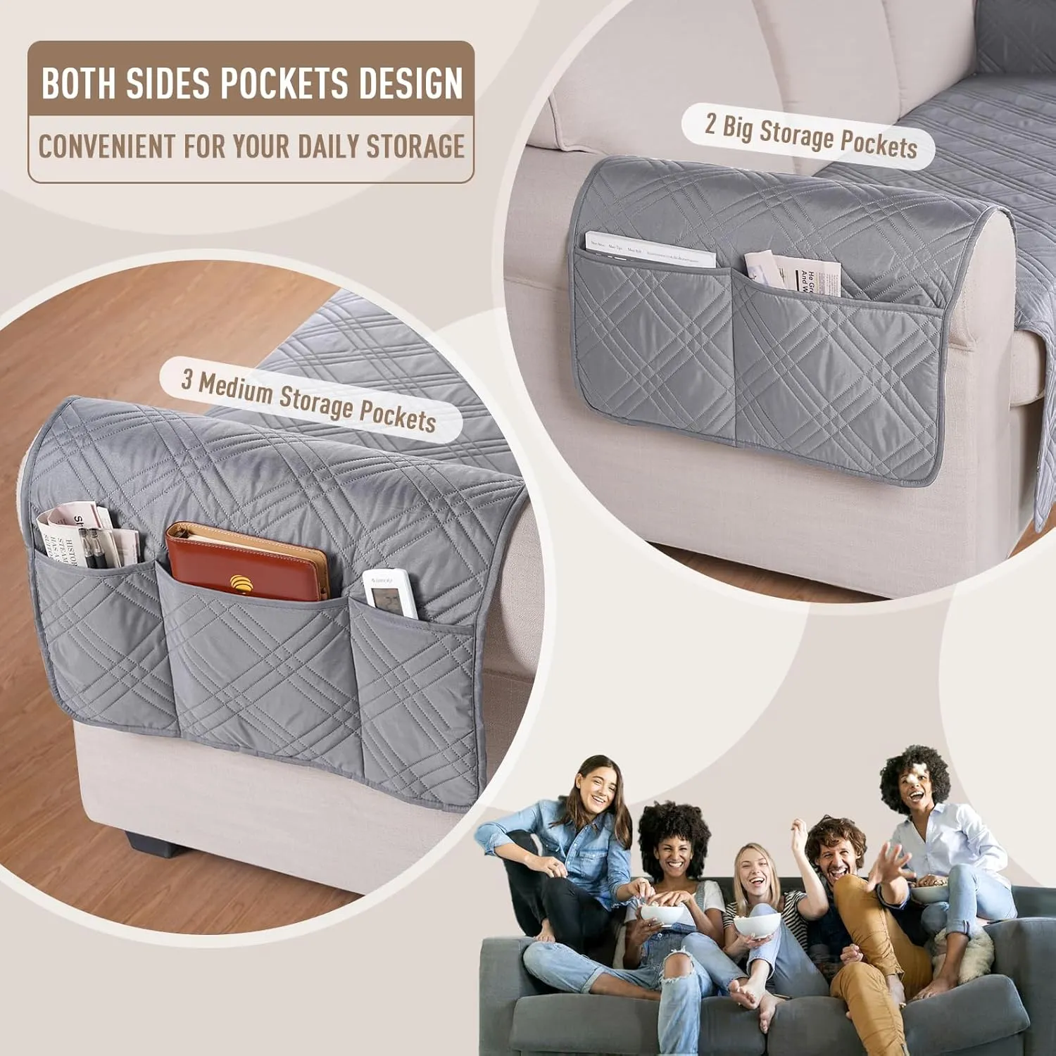 TAOCOCO Waterproof Sofa Covers for Dogs Pets with Non Slip Backing, Couch Seat Covers with Side Pocket for 3 Cushion Couch Washable Dog Couch Cover Protector Sofa Slipcovers(Sofa, Light Gray)