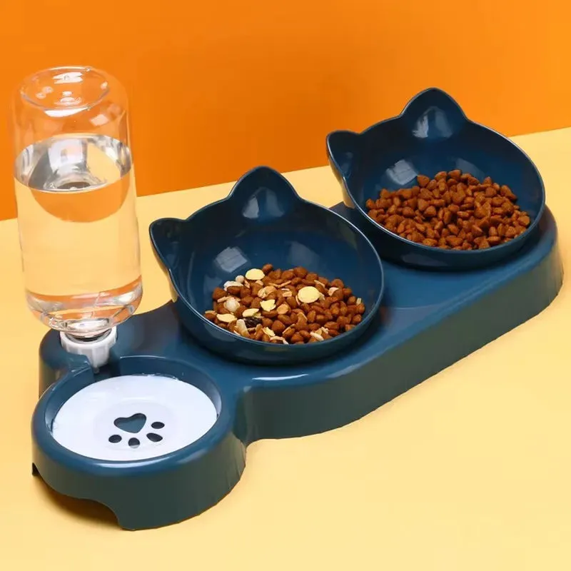 Triple Cat Bowls Pet Feeder with Automatic Water Dispenser