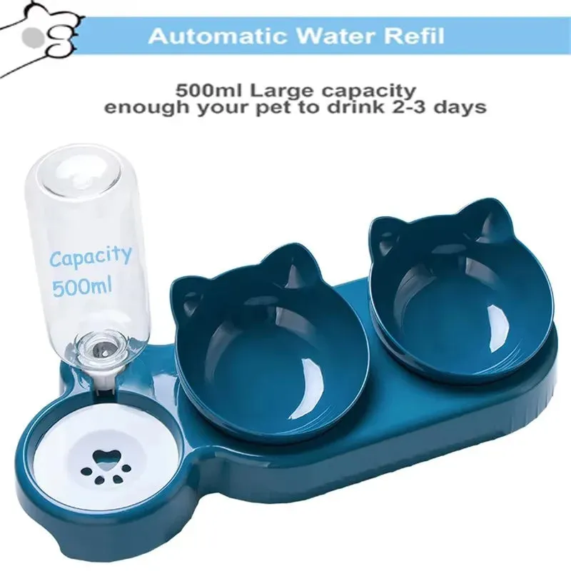 Triple Cat Bowls Pet Feeder with Automatic Water Dispenser