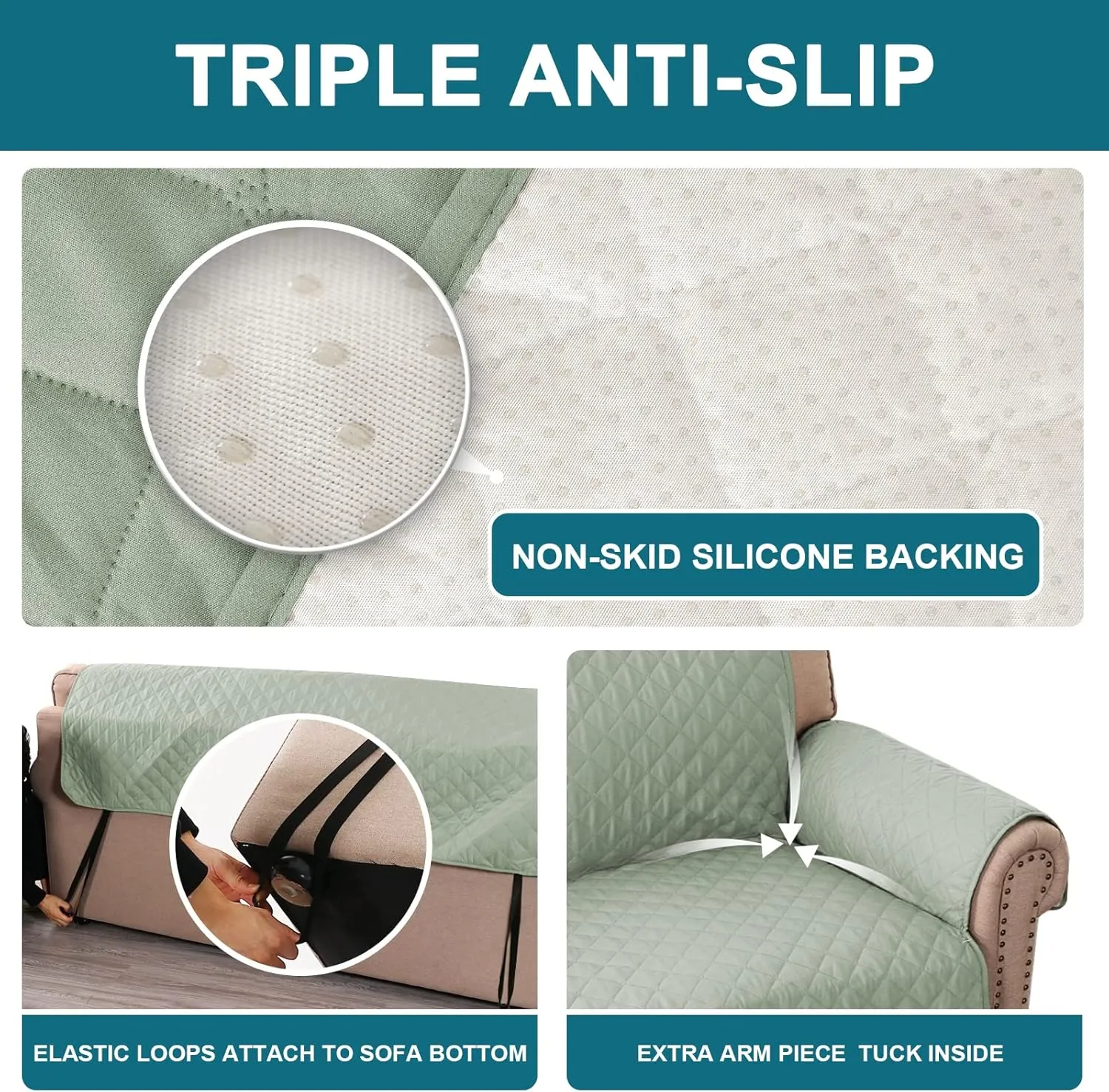 Turquoize 100% Waterproof Couch Cover Sofa Covers Washable Couch Covers for 3 Cushion Couch Sofa Pet Friendly Triple Non-Slip Couch Cover for Dogs Furniture Covers for Pets, Kids,Dog (Sofa 70", Sage)