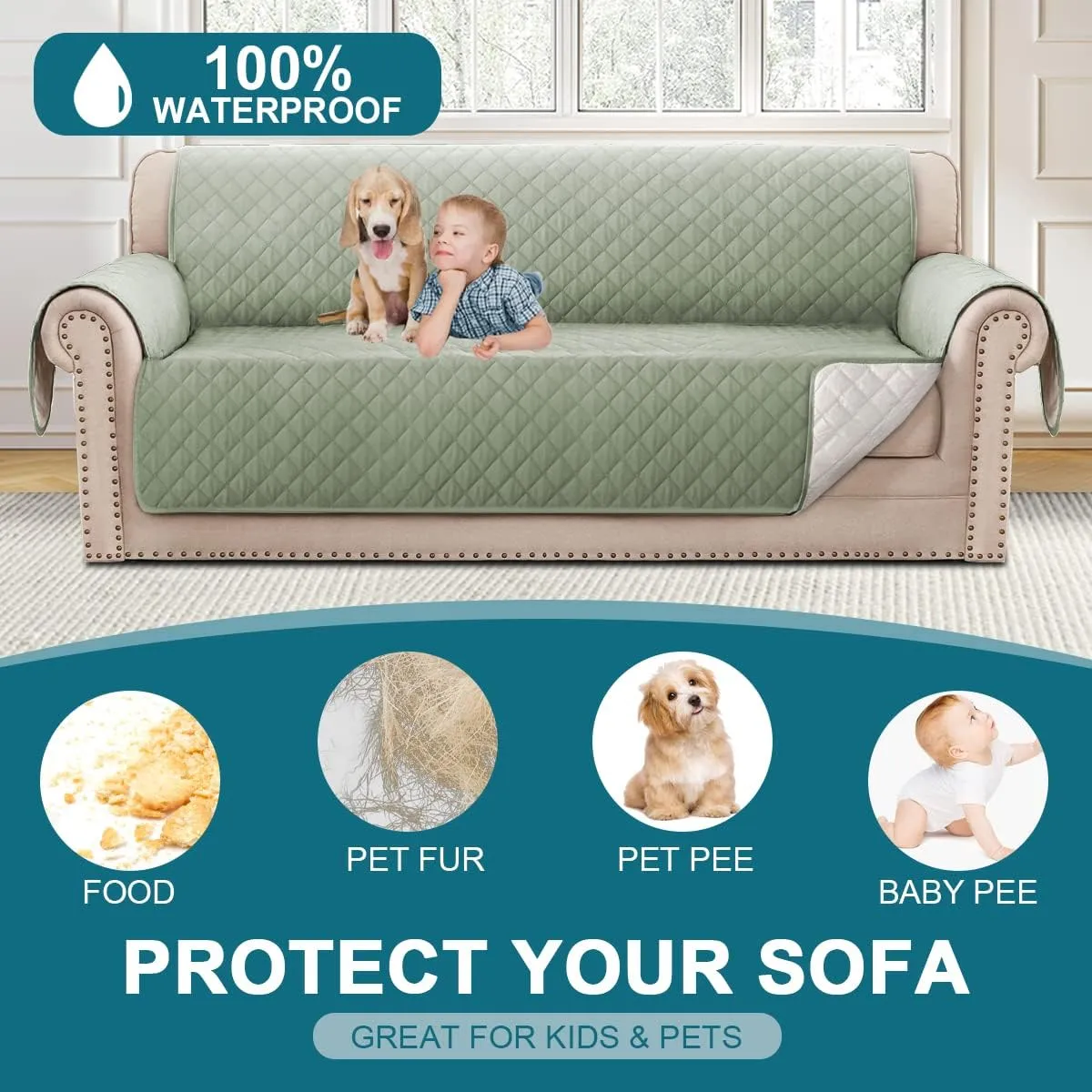 Turquoize 100% Waterproof Couch Cover Sofa Covers Washable Couch Covers for 3 Cushion Couch Sofa Pet Friendly Triple Non-Slip Couch Cover for Dogs Furniture Covers for Pets, Kids,Dog (Sofa 70", Sage)