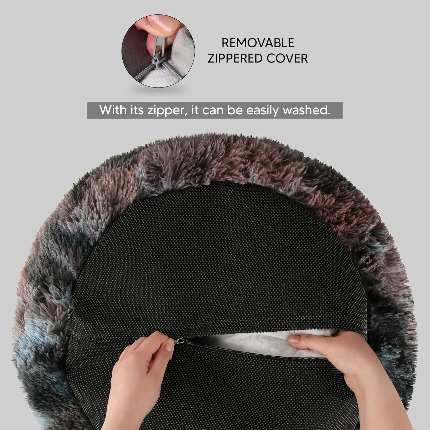 Ultra Soft Calming Donut Shaped Cozy Warming cat & Dog Bed. Removable Cover, Machine Washable, Anti-Slip, Fluffy Fur Plush Fabric, Anti-axiety. (17'/25'/33'/41)