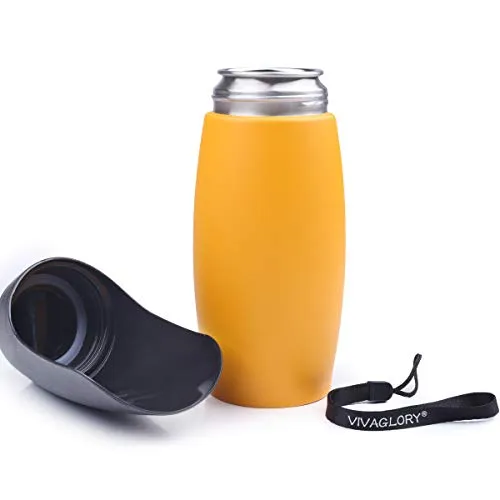 VIVAGLORY Auslaufsichere & tragbare Wasserflasche für Hunde, 750ML Hunde Trinkflasche mit großem Trog, Orange-Gelb