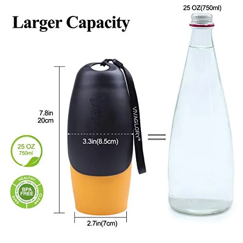 VIVAGLORY Auslaufsichere & tragbare Wasserflasche für Hunde, 750ML Hunde Trinkflasche mit großem Trog, Orange-Gelb