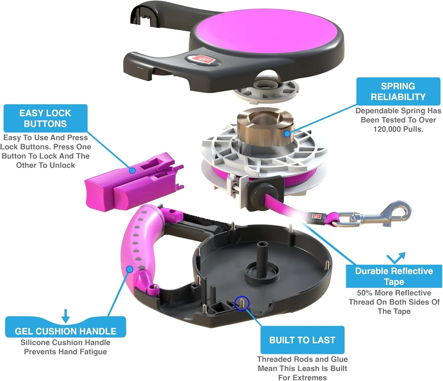 Wigzi 748014 Pink Large Retractable Gel Leash, NA